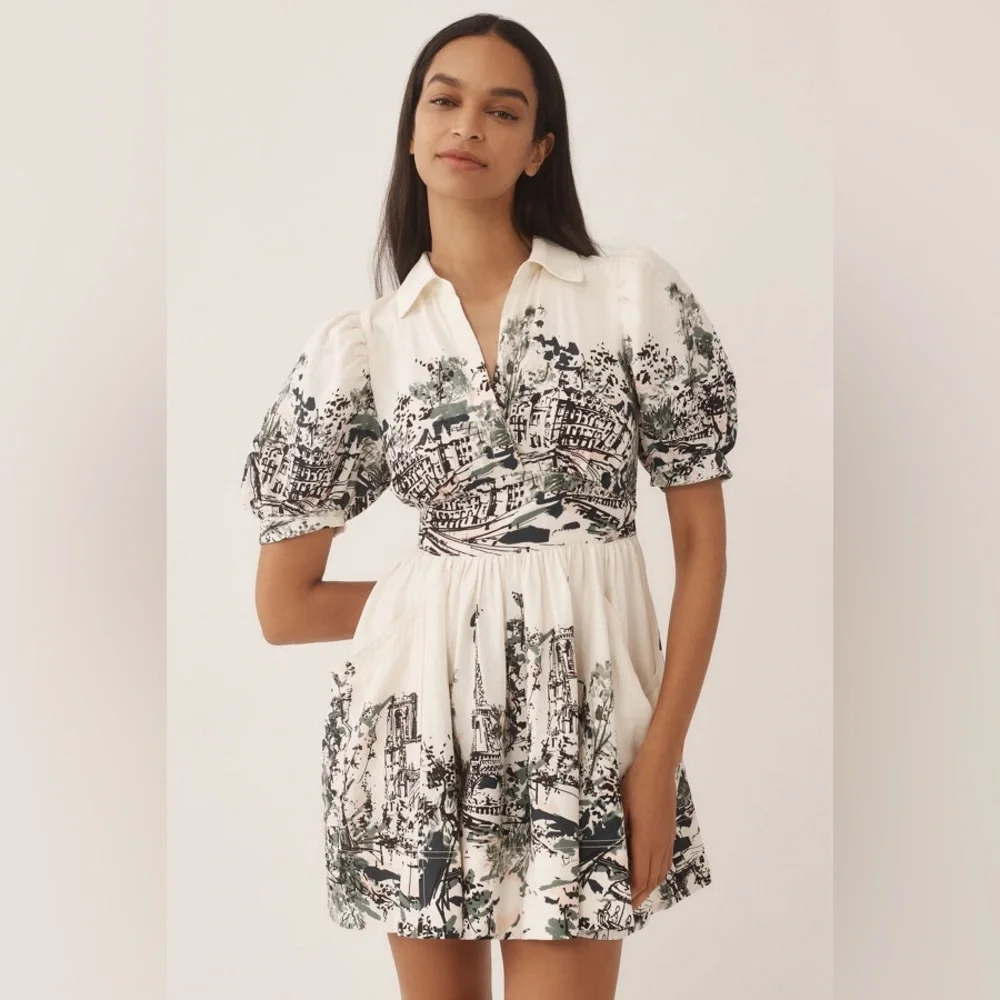 Anthropologie Linen Short-Sleeve Collared Mini Shirt Dress - Picture 3 of 4